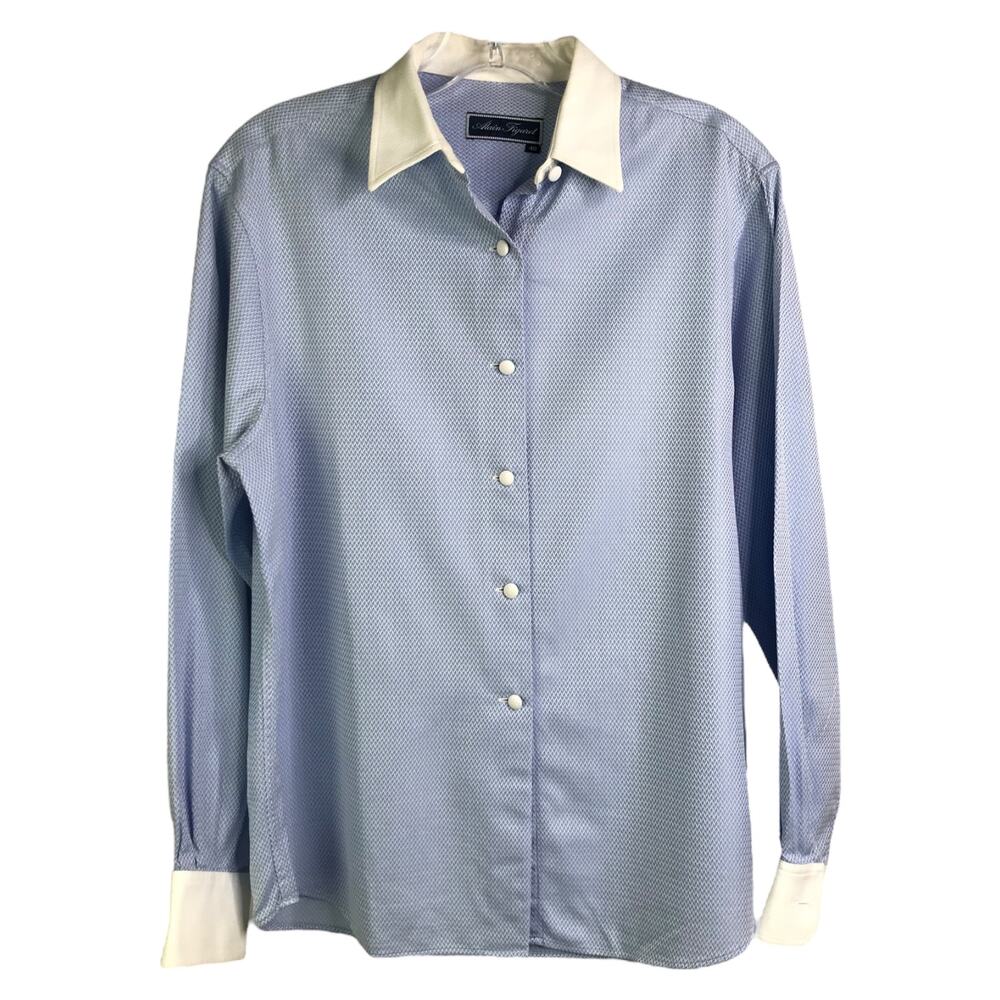 Alain Figaret Button Down Shirt Womens 40 Blue White Chevron Long Sleeve Classic